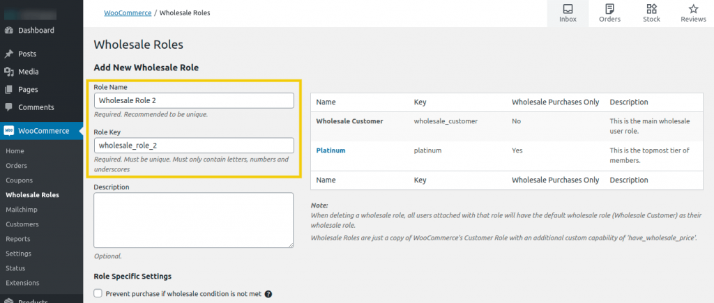 The wholesale role name and key fields.