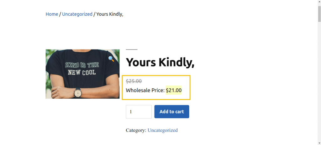 A web page showing the wholesale price of a WooCommerce product as displayed to a wholesale customer.
