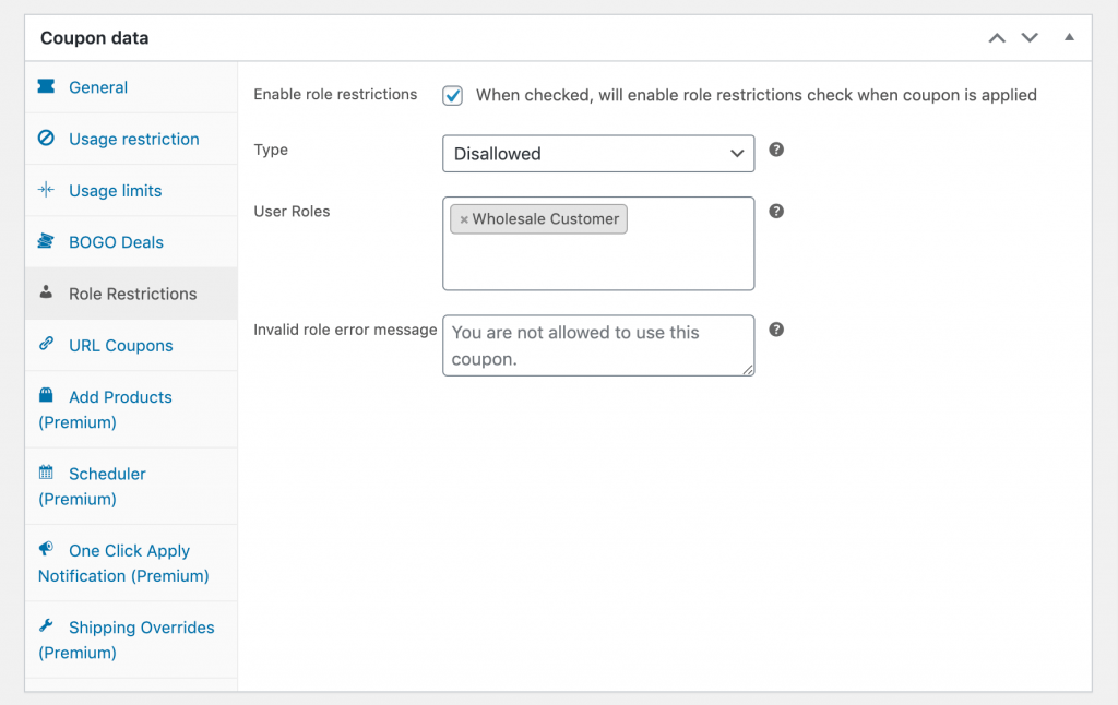 Using Advanced Coupons to disable WooCommerce Coupons for wholesale customers.