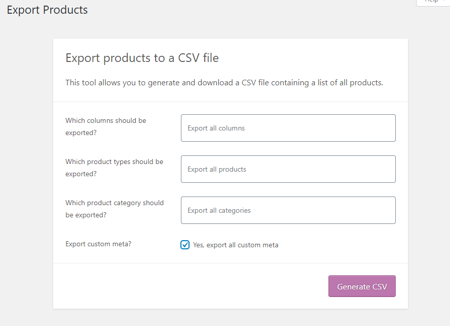 Selecting what product data to export.
