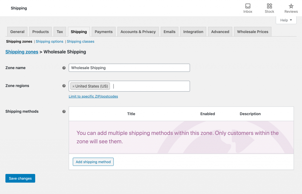 Adding a new shipping zone to WooCommerce.