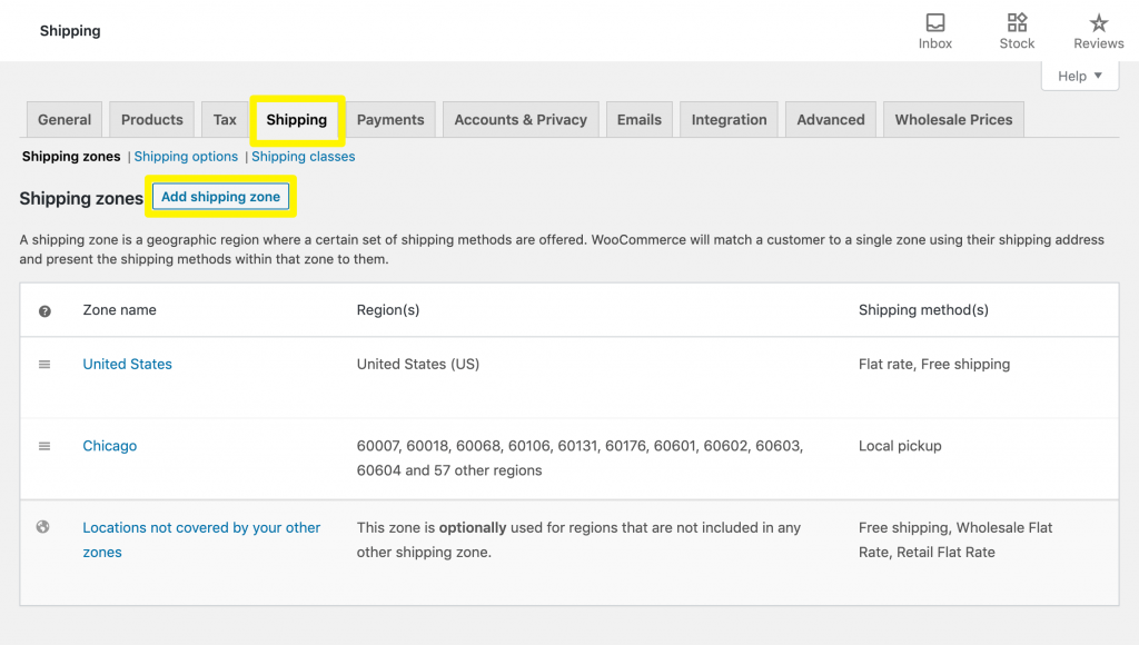 The WooCommerce Shipping settings.