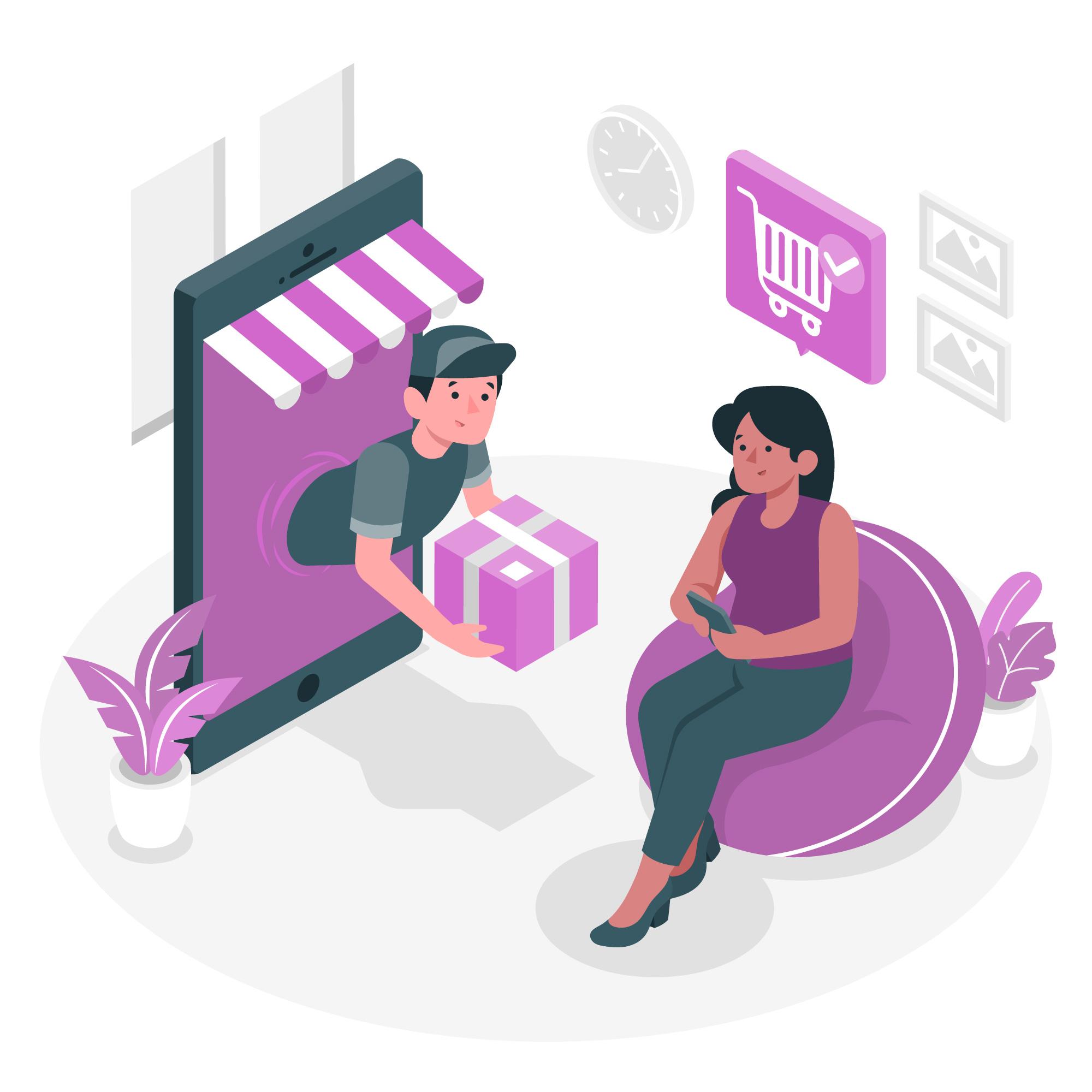 wws-customer-relationship - Wholesale Suite a delivery person handing a package through a large mobile phone screen to a seated customer