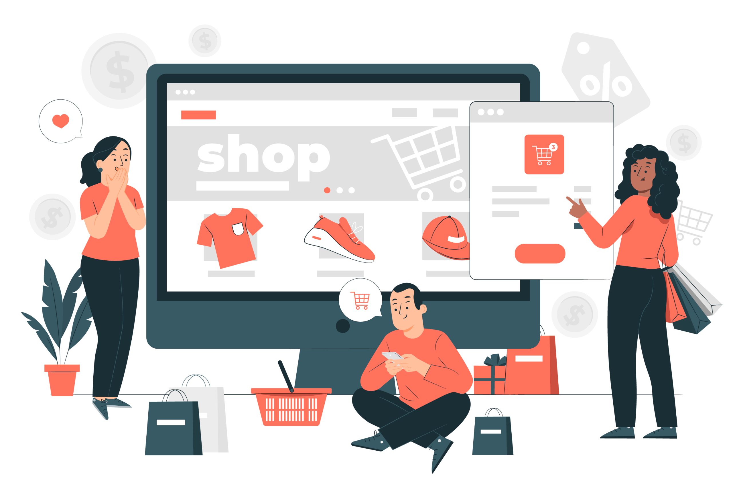 wws-retailers - Wholesale Suite three people shopping online from a wholesale store, viewing products like shirts, shoes, and hats on a large computer screen, with shopping carts and bags around them.