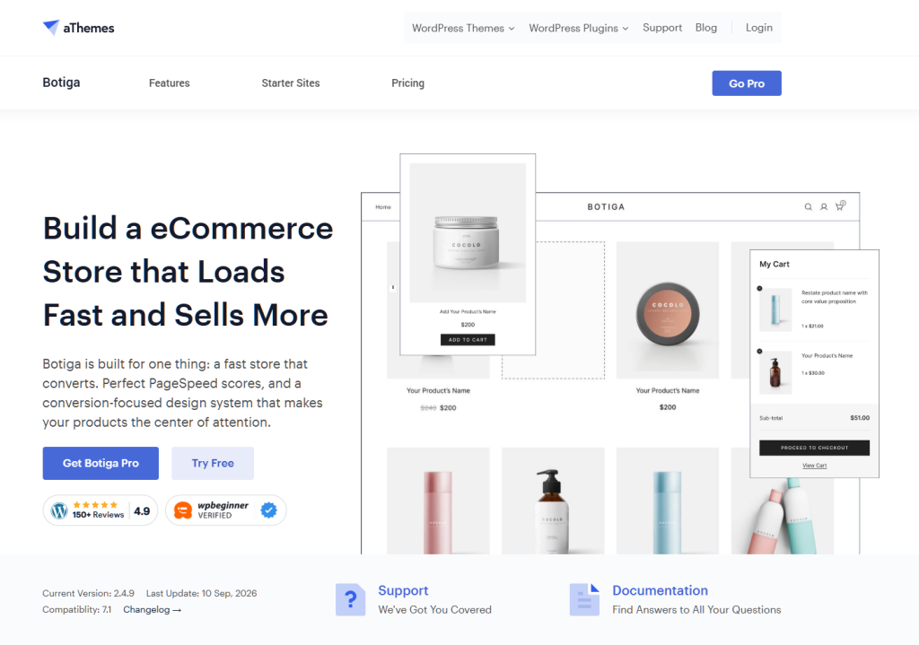WordPress-Großhandelstheme-Hero-Bereich, der eine fette Überschrift zum Aufbau eines schnellen E-Commerce-Shops mit einem Produktgitter-Mockup rechts und einer linksbündigen Beschreibung und CTA-Schaltflächen zeigt