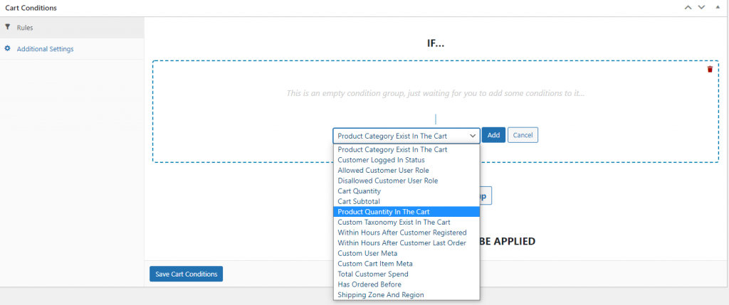 The Cart Conditions dropdown menu.