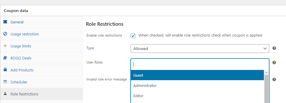 Enabling coupon user role restrictions