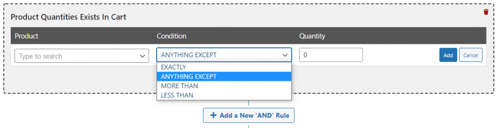 Setting the product quantity conditions.