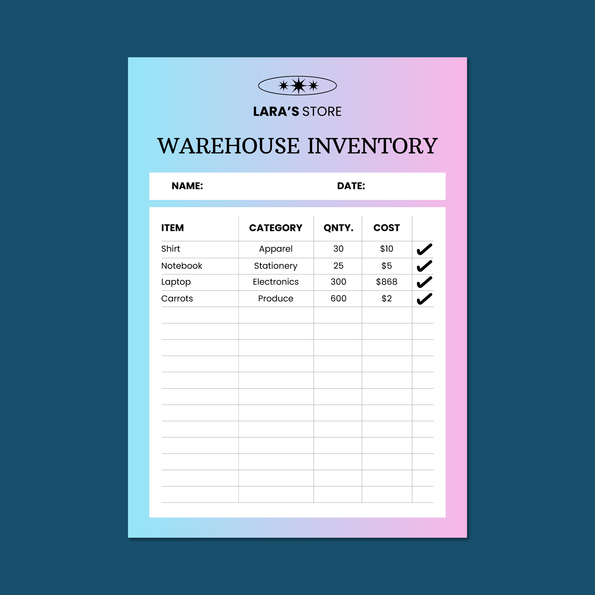 A warehouse inventory spreadsheet from "Lara's Store" listing items with columns for item name, category, quantity, cost, and checkmarks.