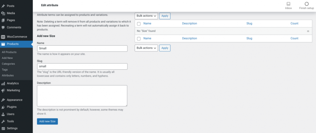 The screen to add a new product attribute value in WooCommerce.