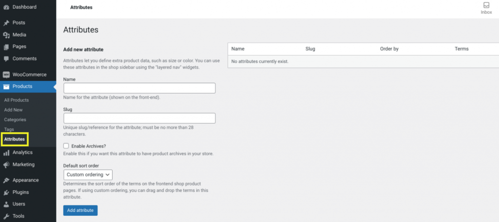 The product attributes screen in WooCommerce.