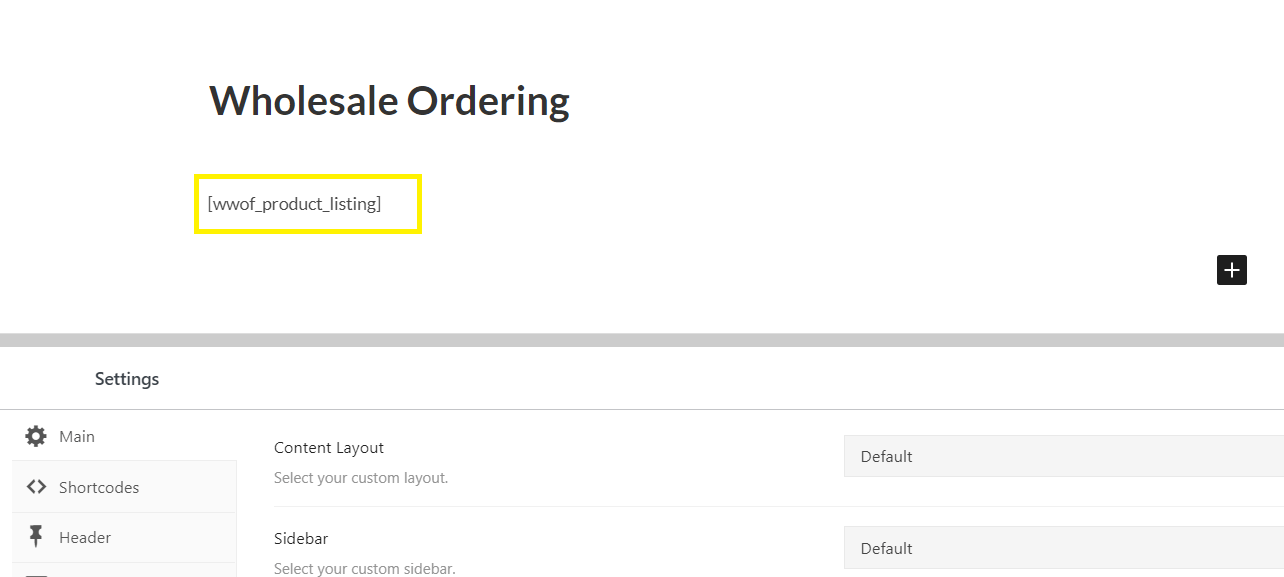 The Wholesale Ordering page in the WordPress editor