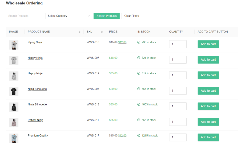 An example of a WooCommerce product catalog for wholesale ordering.
