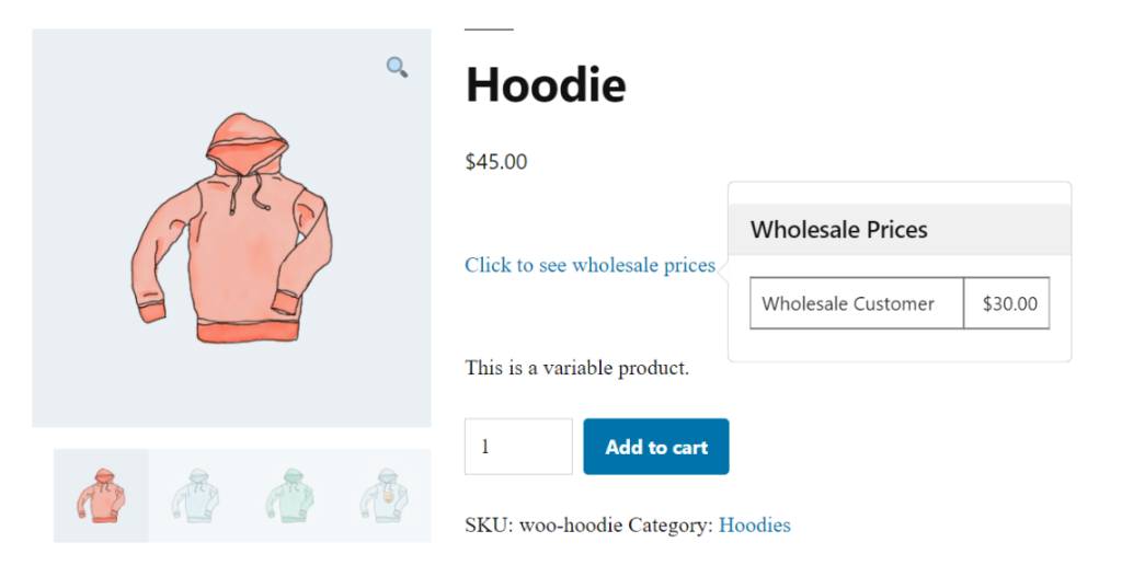 A preview of wholesale prices displayed on the front end of a WooCommerce store.