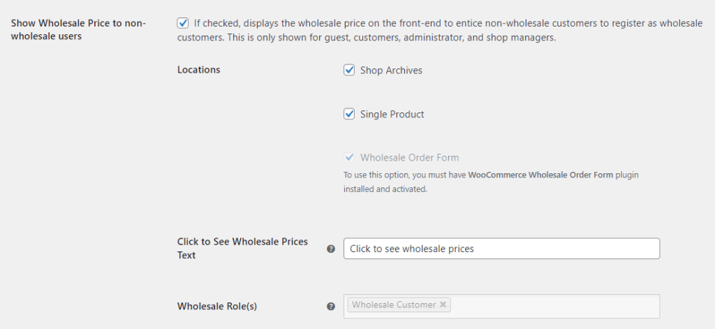 The location options for showing wholesale pricing to non-wholesale customers.