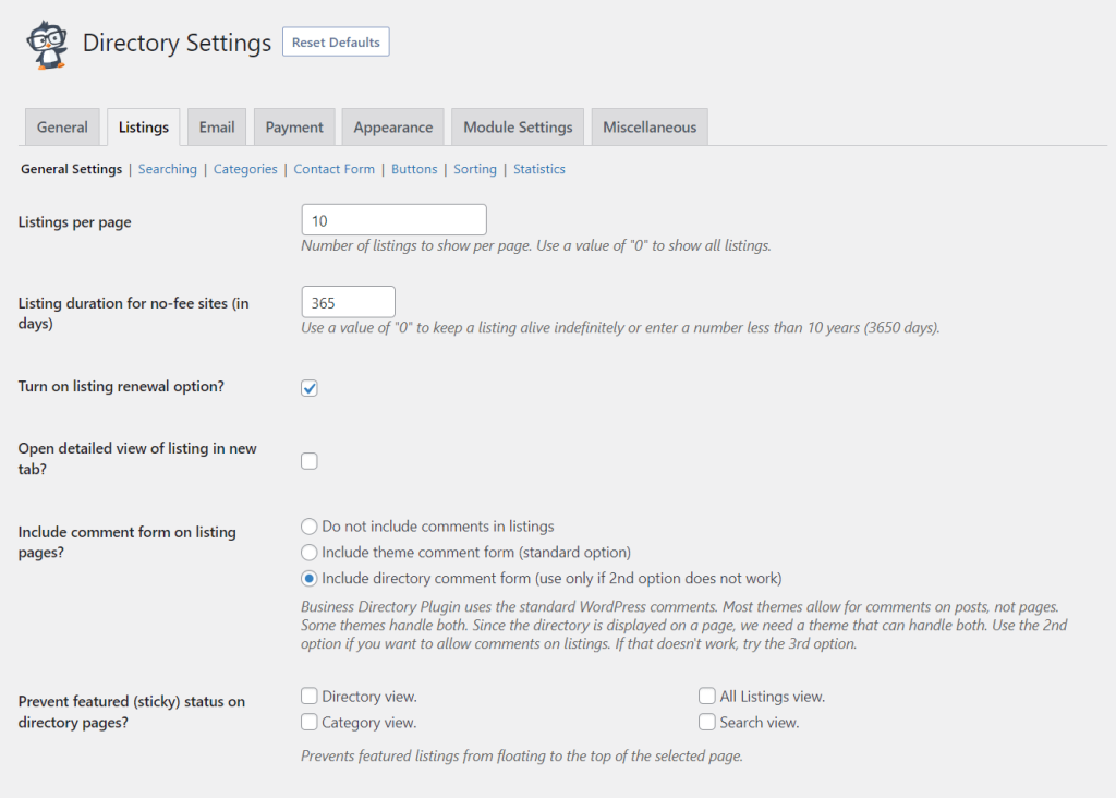 The settings for Business Directory Plugin's listings.