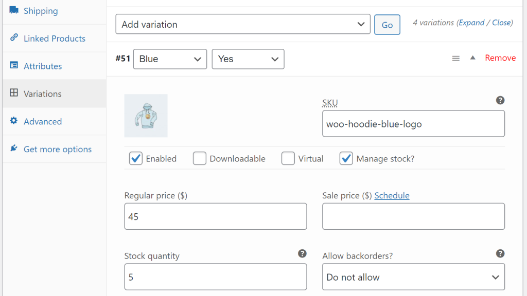 Configuring product variation stock levels