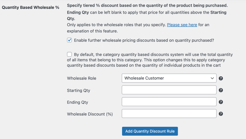 Quantity based wholesale % for an individual product.