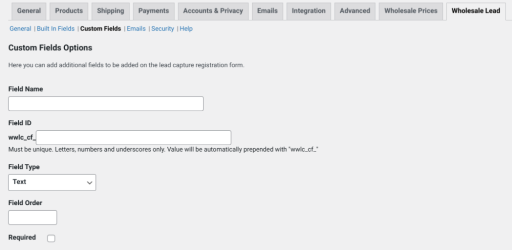 The custom field options for a wholesale registration form.