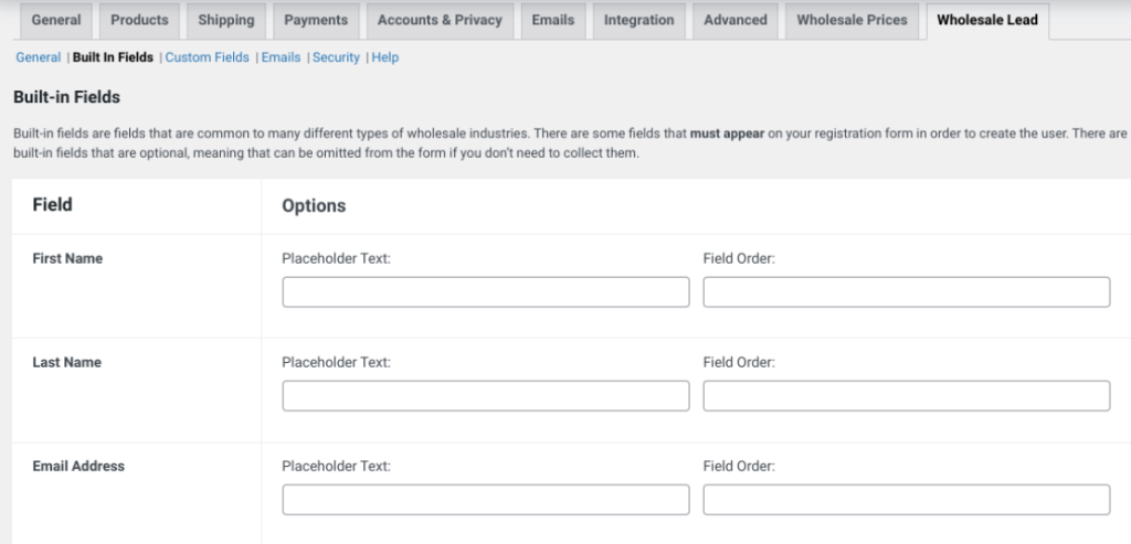 The screen to customize the fields of a simple registration form in WooCommerce. 