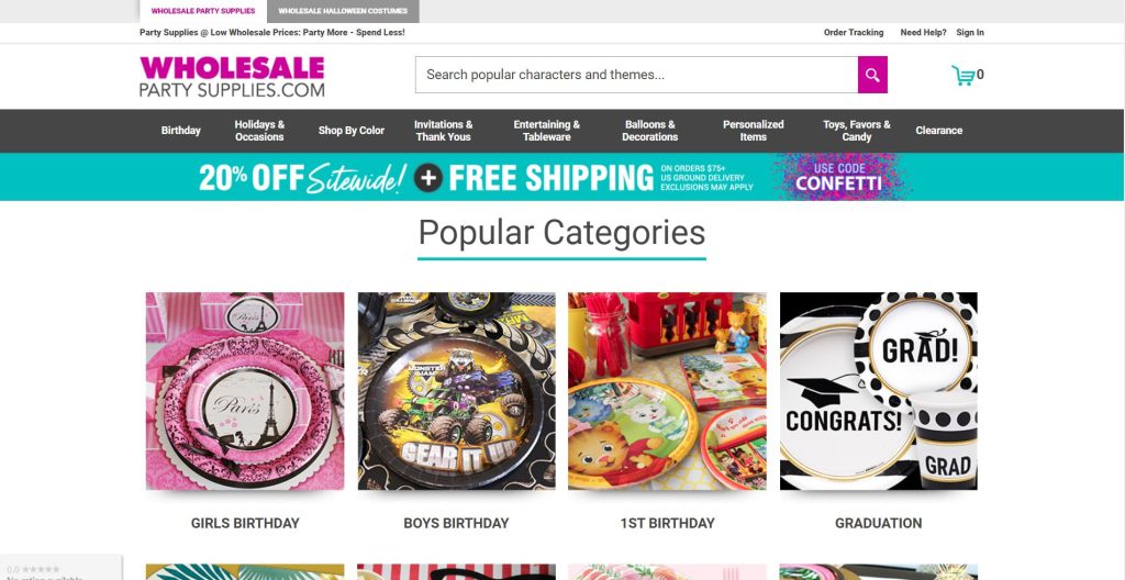 Screenshot of a wholesale party supplies website. 