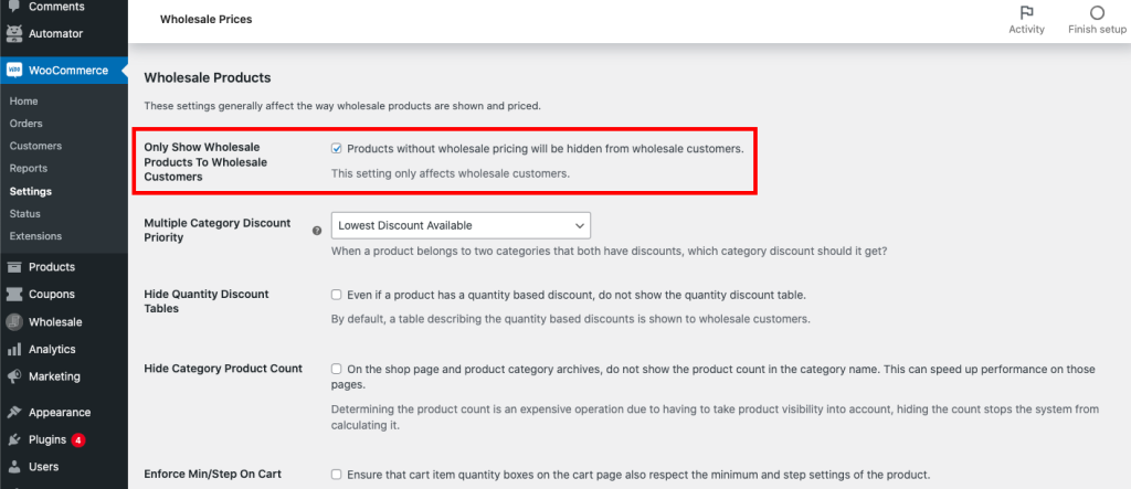 Only show wholesale products to wholesale customers setting
