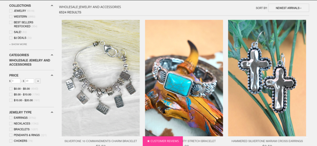 A website selling jewelry, featuring silver bracelets and earrings. 