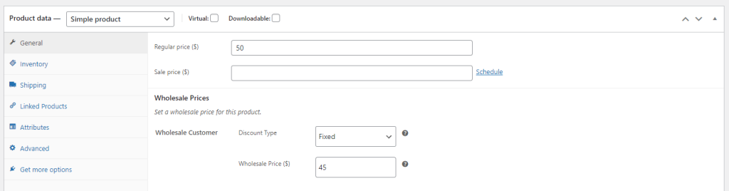 A snapshot of the WooCommerce product settings page where users can add a fixed wholesale price. 