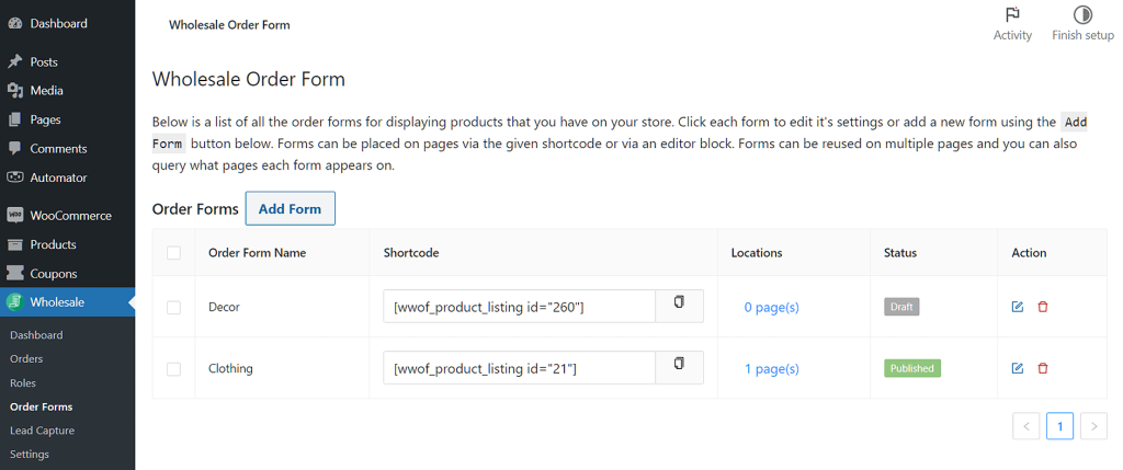 Creating multiple order forms