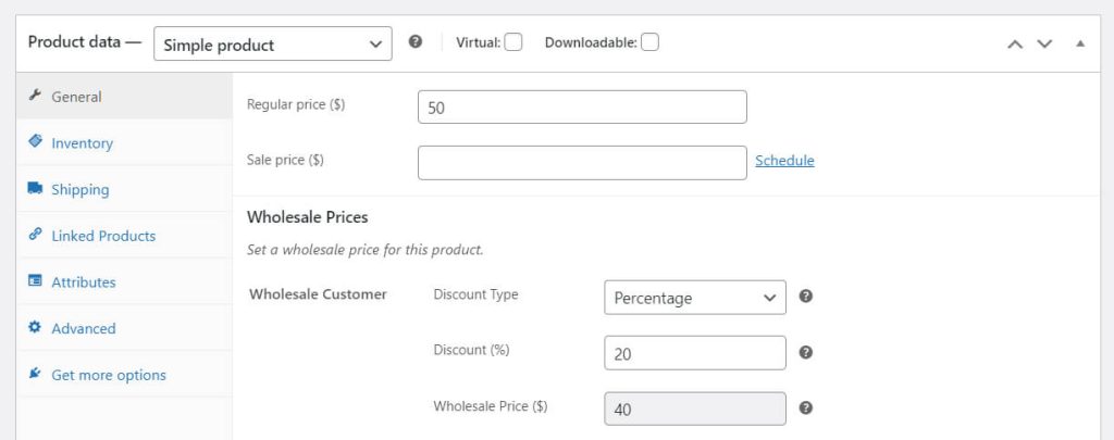 Screenshot of the product settings page in WooCommerce, where store owners can set percentage-based wholesale pricing. 