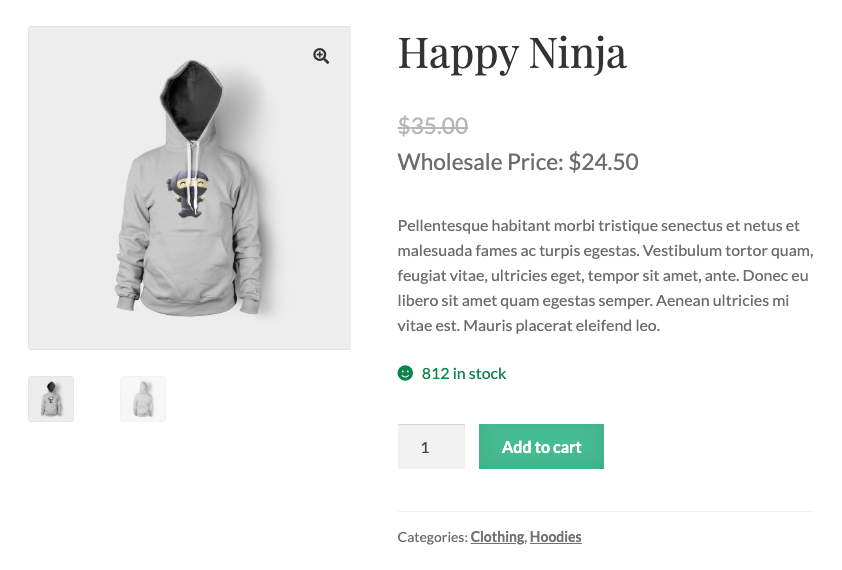 An image of a hoodie product displayed on a website with a wholesale price. 