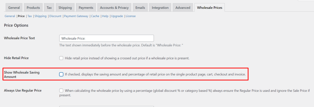 Enable 'Show Wholesale Saving Amount' Setting