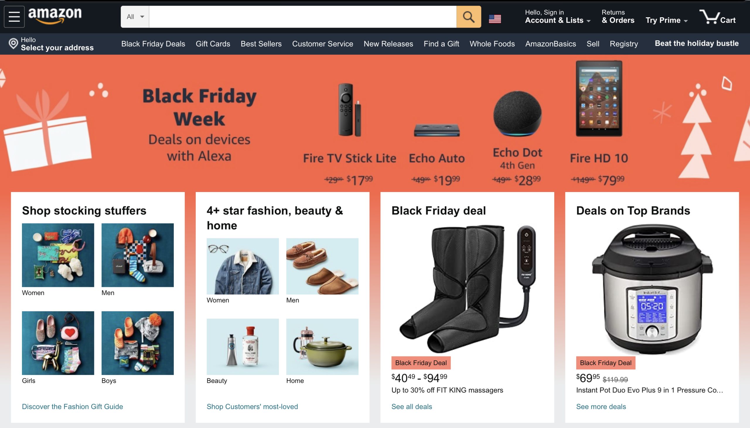Amazon homepage showing Black Friday Week deals on Alexa devices and other products