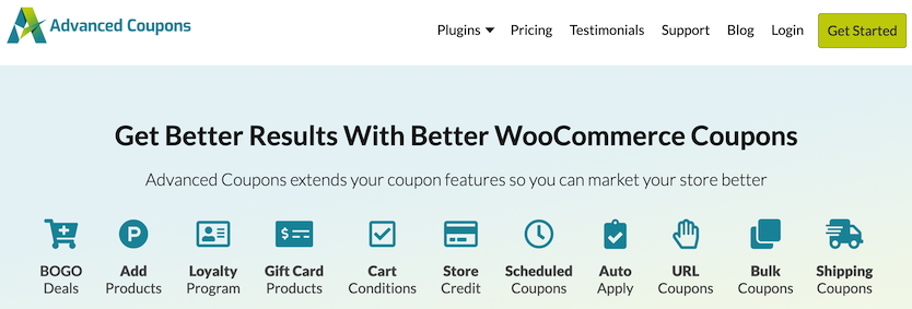 Screenshot of Advanced Coupons core features, including BOGO deals, cart conditions, loyalty program and gift cards. 