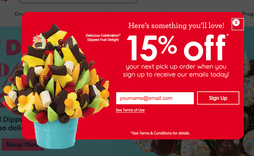 Screenshot of an opt-in on the Edible Arrangements website. 