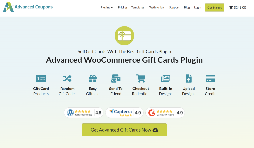 woocommerce-gift-cards - Wholesale Suite WooCommerce Gift Cards plugin feature list and ratings, showing built-in designs, store credit, and gifting options