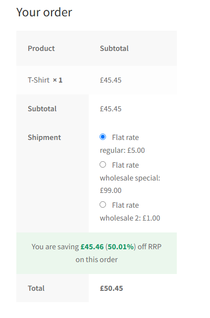 67C10783-2821-45FC-BE58-7255343507BF - Wholesale Suite WooCommerce-Warenkorb-Gesamtbeträge, die die Meldung über den Sparbetrag „Sie sparen 45,46 £ (50,01 %) gegenüber der UVP bei dieser Bestellung“ über der Zeile für den Gesamtbetrag anzeigen