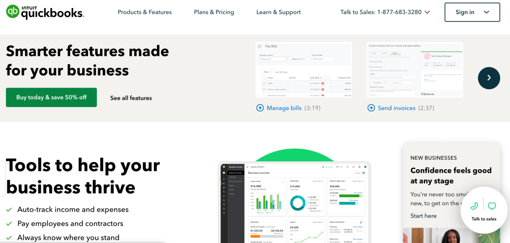 The QuickBooks homepage. 