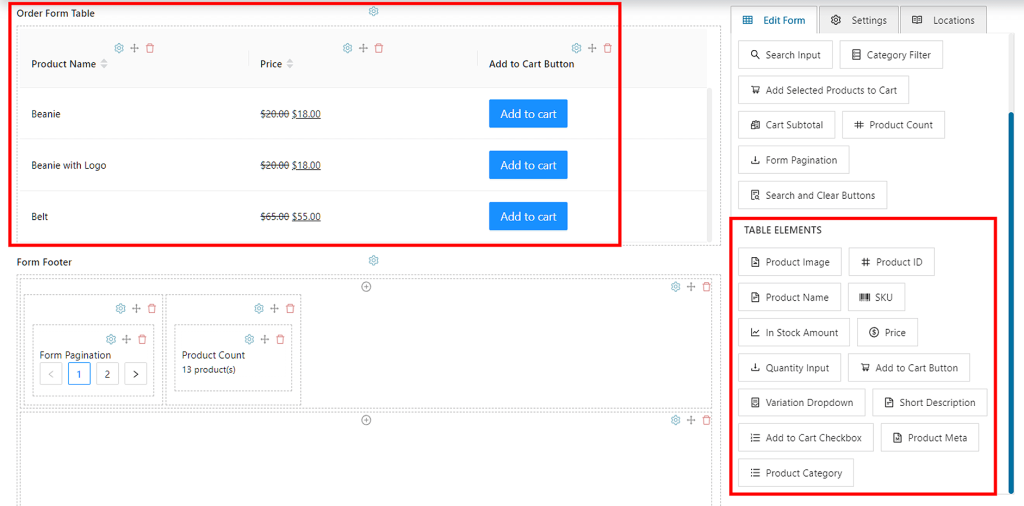 wholesale order form table elements for a B2B online ordering system