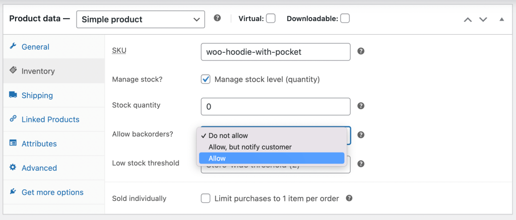 The inventory tab allowing backorders. 