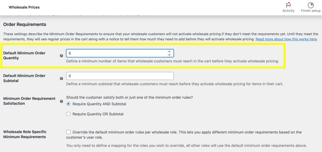 Default minimum order quantity in WooCommerce