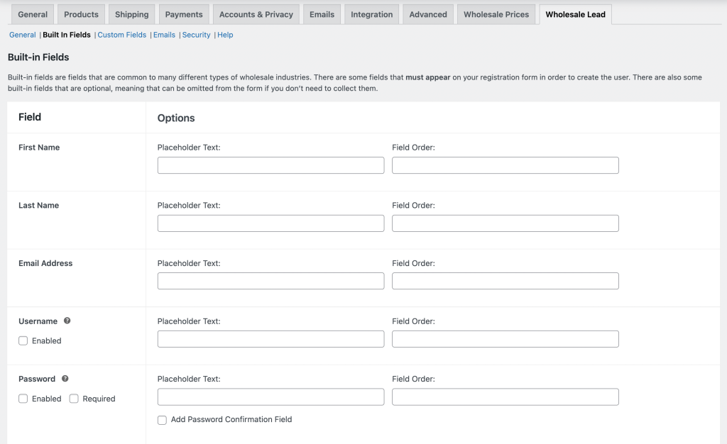 Wholesale Lead Capture fields