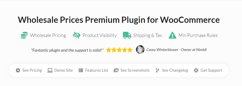 Wholesale Prices Premium's landing page, showcasing features like adding WooCommerce minimum order requirements. 