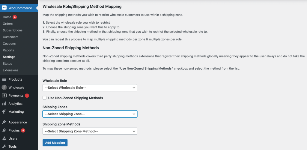 Wholesale shipping mapping settings
