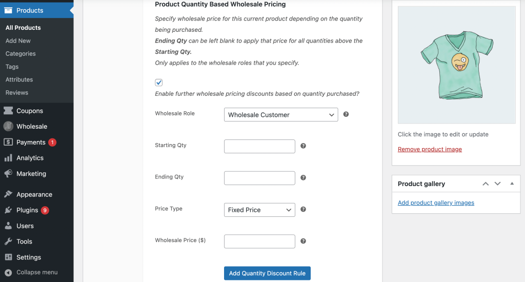 Product Quantity Based Wholesale Pricing settings