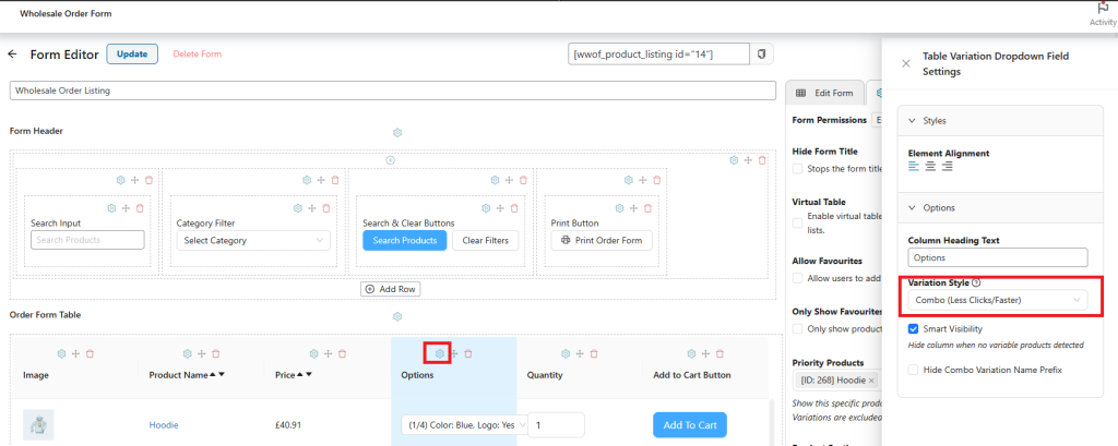 08AE7BAF-D5E3-47AC-83C7-5DA8E4D1D6E7 - Wholesale Suite Options panel with Variation Style set to Combo (Less Clicks/Faster)