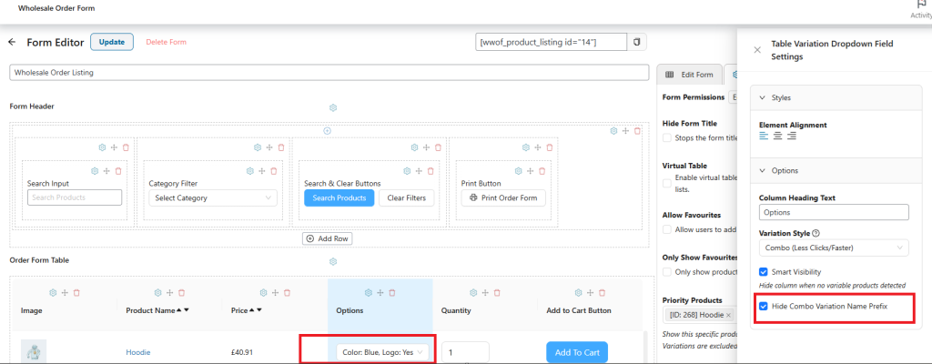 16F84FA0-3BE5-4E15-982A-C0175EF13672 - Wholesale Suite Combo dropdown with Hide Combo Variation Name Prefix enabled — the 1/4 prefix is gone
