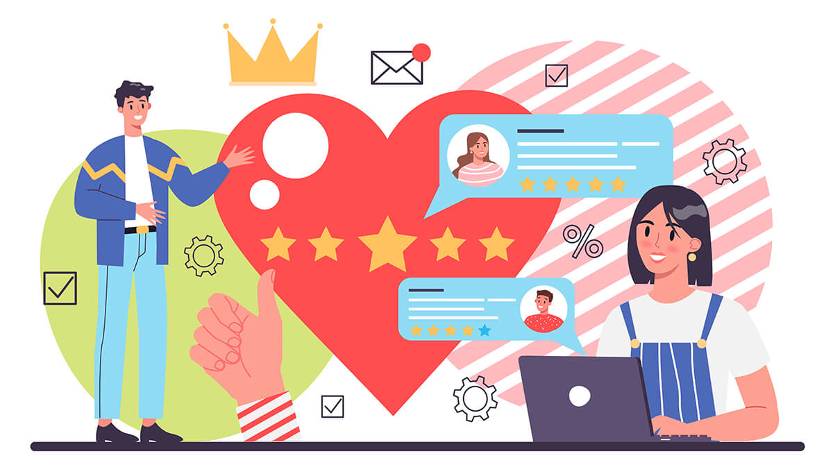 a woman using a laptop while a man gives a thumbs-up beside large hearts and star ratings