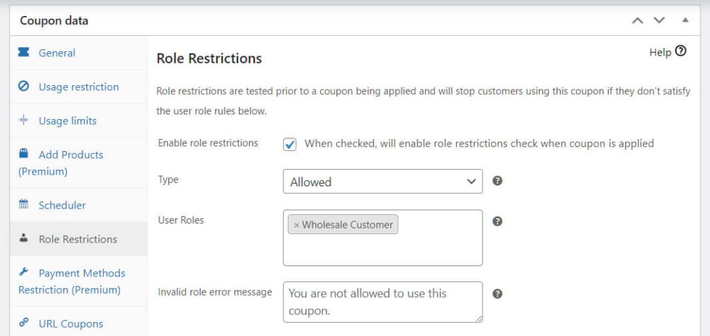 Advanced Coupons' role restrictions allows you to pick which customers will receive your wholesale discount code.