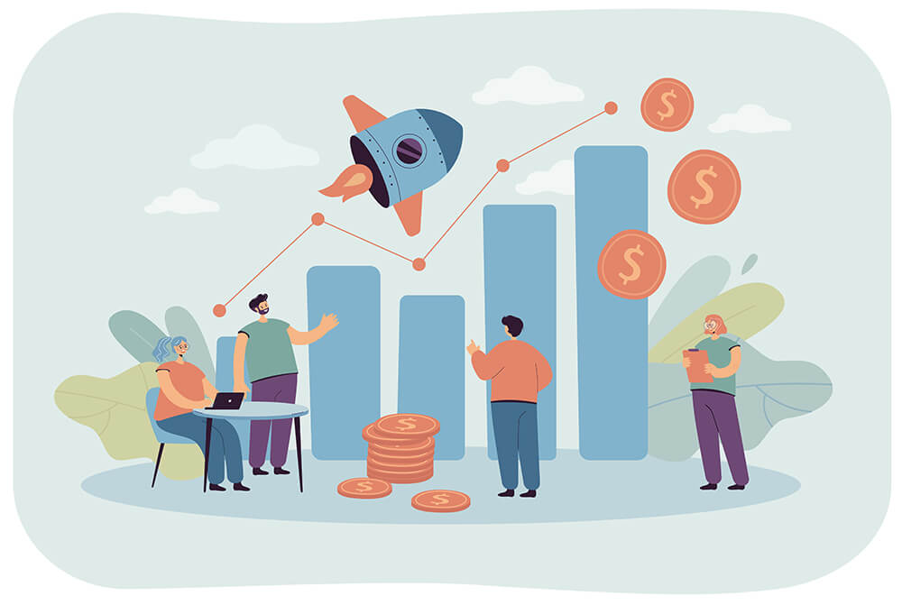 Business owners choosting the right wholesale items to sell and analyzing revenue with a statistical graph. 